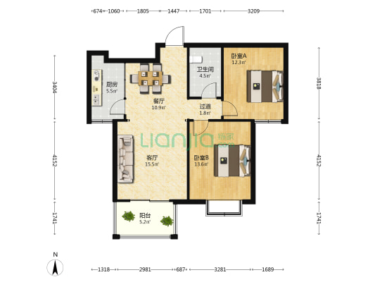 宏达圣水湖畔 2室2厅1卫 97平方