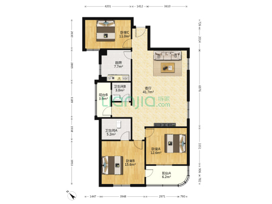 东方苑 3室1厅2卫 129平方