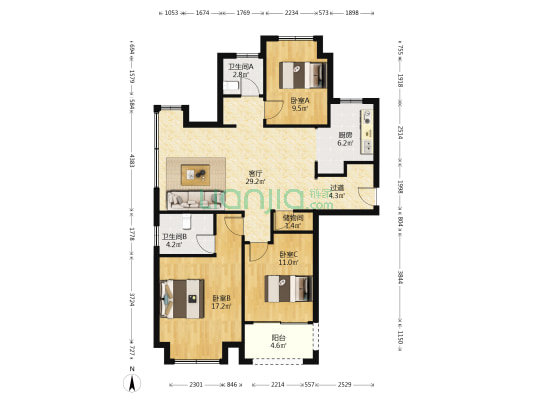 天悦府 3室1厅2卫 122平方