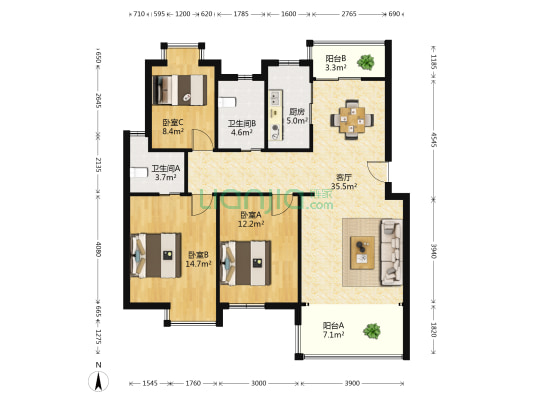 都市花园 3室1厅2卫 108平方