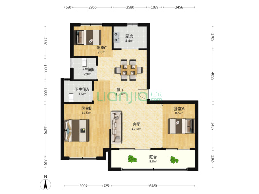 鸿翔中金鸿樾府 3室2厅2卫 108平方