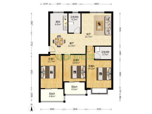 明曙小区 3室2厅2卫 108平方