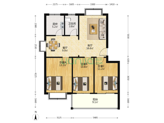 育新园 3室2厅1卫 103平方