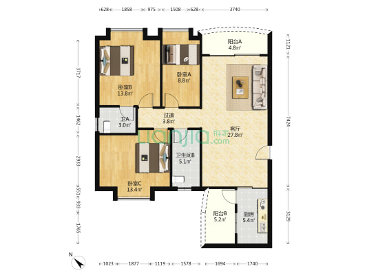 晋怡阁 3室1厅2卫 96平方