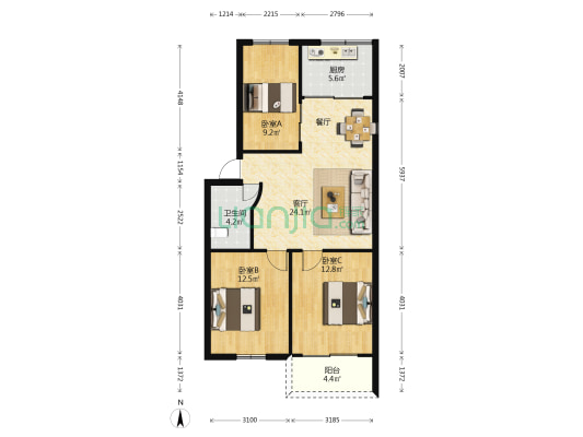 西洪路541号 3室1厅1卫 82平方
