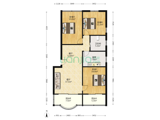 东兴华苑 3室2厅1卫 106平方