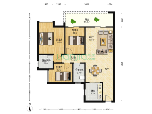 云裳峯尚 3室1厅2卫 107平方