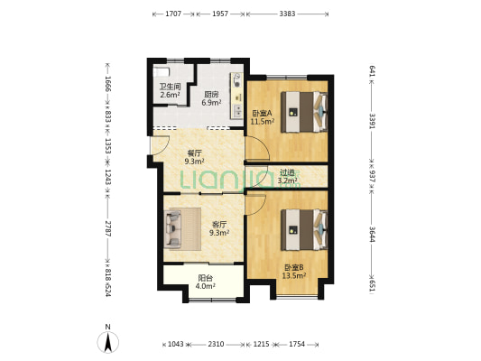 浦发春晖新苑 2室2厅1卫 88平方