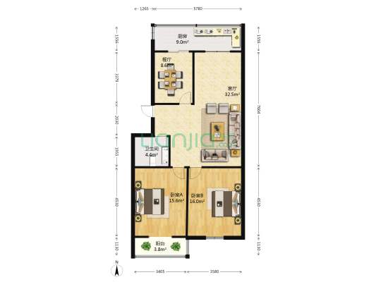 花园小区 2室2厅1卫 106平方