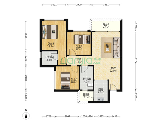 学府壹号一期 3室1厅2卫 86平方
