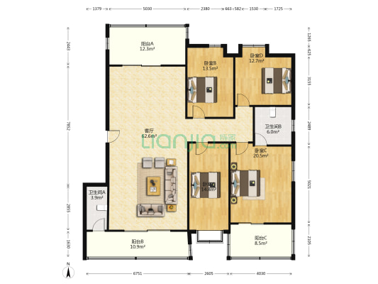 泰河阁小区 4室1厅2卫 119平方