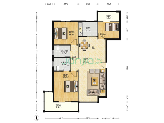 中舜鲁中国际 3室1厅2卫 134平方