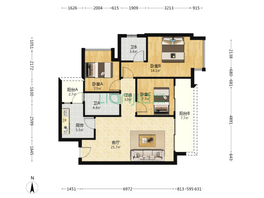融创欧麓花园城博雅郡 3室1厅2卫 100平方