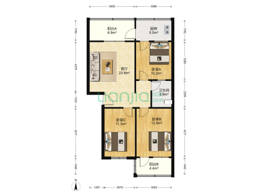 祝阳建筑小区 3室1厅1卫 95平方