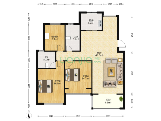 丰源国际 2室1厅2卫 119平方