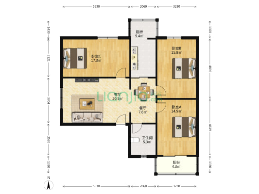 太白小区32号楼 3室2厅1卫 115平方