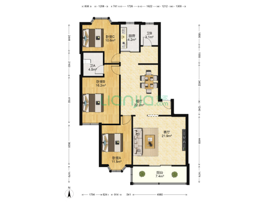 丰华利花苑 3室2厅2卫 124平方