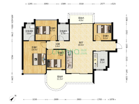 力天山水豪庭 4室1厅2卫 115平方
