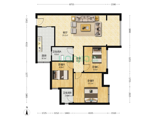 和合家园五期 3室1厅2卫 111平方
