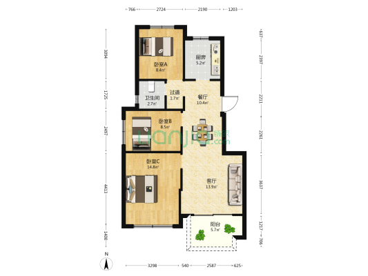 山语兰亭 3室2厅1卫 89平方