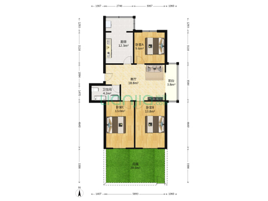 锦水人家 3室1厅1卫 97平方