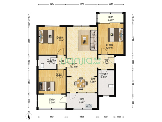世纪新村中区 3室2厅2卫 111平方