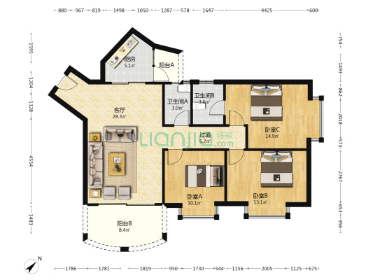 新华金星花苑 3室1厅2卫 120平方