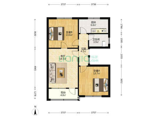 信和别墅 2室1厅1卫 80平方