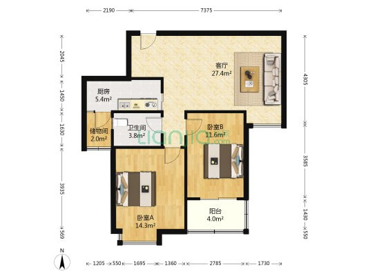 锦华新城 2室1厅1卫 86平方