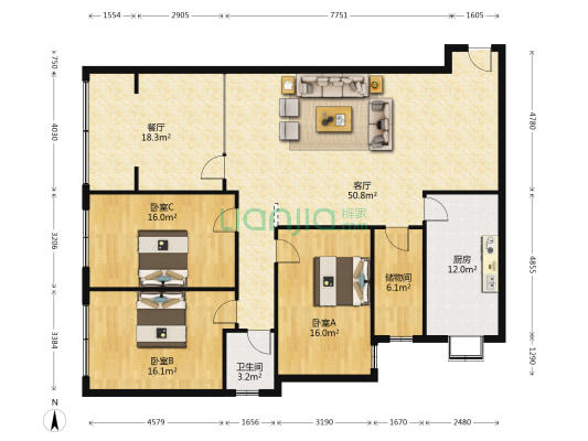 新华公寓 3室2厅1卫 169平方