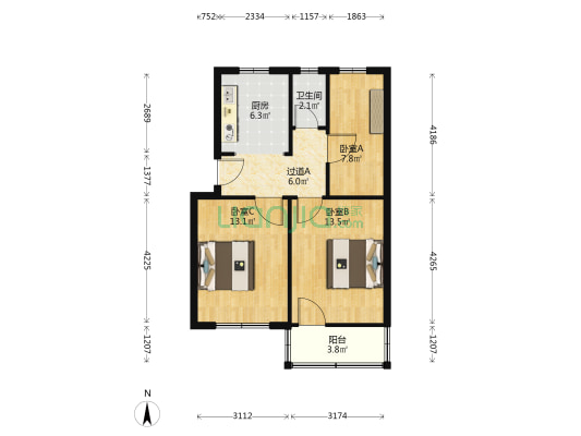 长江剧院小区 3室0厅1卫 62平方