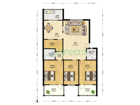 花园路东段188号 3室2厅2卫 132平方