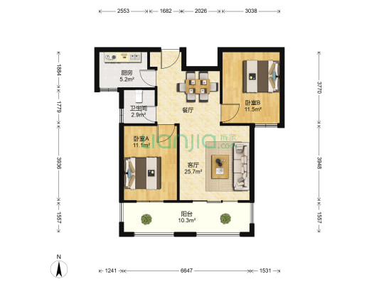 龙翔香格里拉北区 2室1厅1卫 91平方