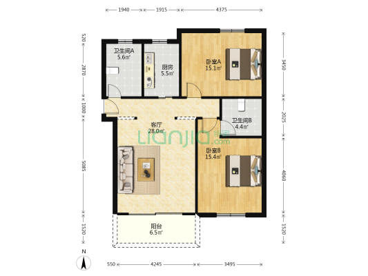 新青浦花苑(一区) 2室1厅2卫 93平方