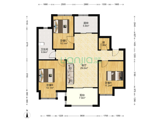 苏宁悦城悦园A区 3室1厅1卫 122平方