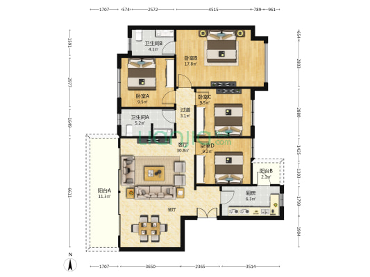 城投锦澜悦山 4室1厅2卫 133平方