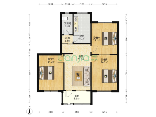 瑞阳小区南区 3室1厅1卫 166平方