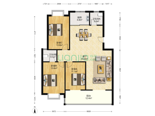 西安民政曲江小区 3室1厅2卫 128平方