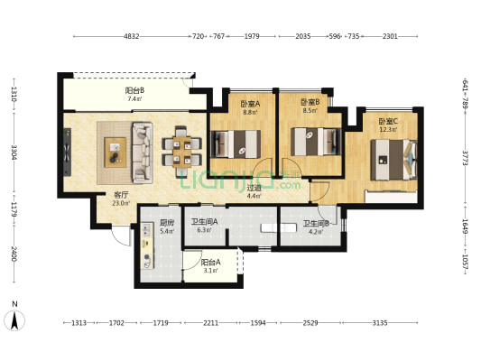 金地格林春岸三期 3室1厅2卫 93平方