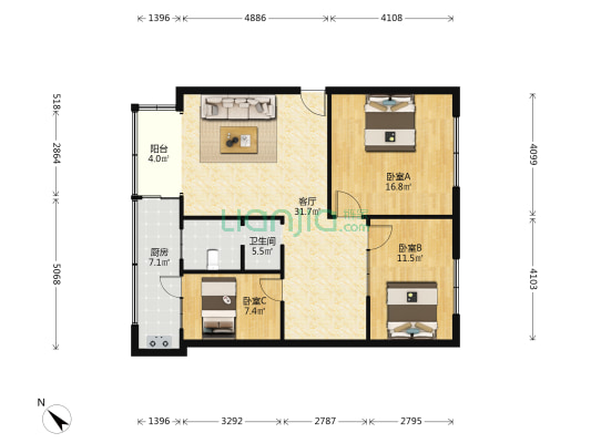 华阳二中教师公寓 3室1厅1卫 89平方