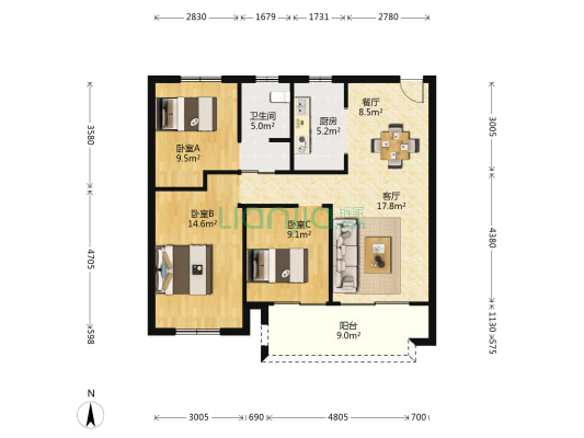 卓越华悦铭苑 3室2厅1卫 97平方