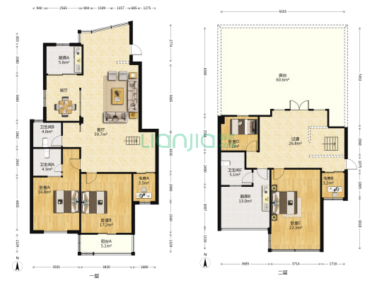 南山御景二区 6室1厅3卫 136平方