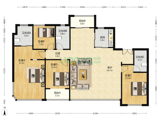 天健麓湖天境 4室1厅3卫 175平方