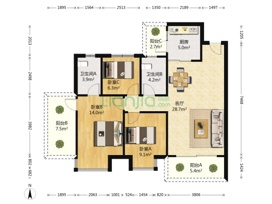 碧桂园天玺湾 3室1厅2卫 100平方
