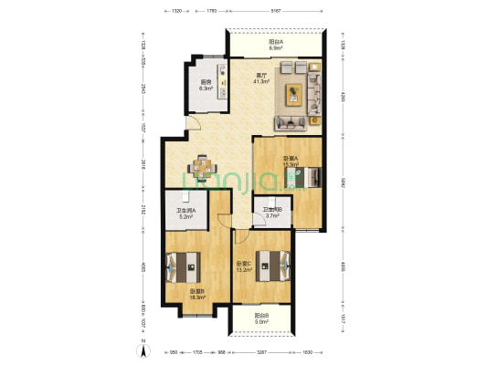 摘仙苑小区 3室1厅2卫 121平方