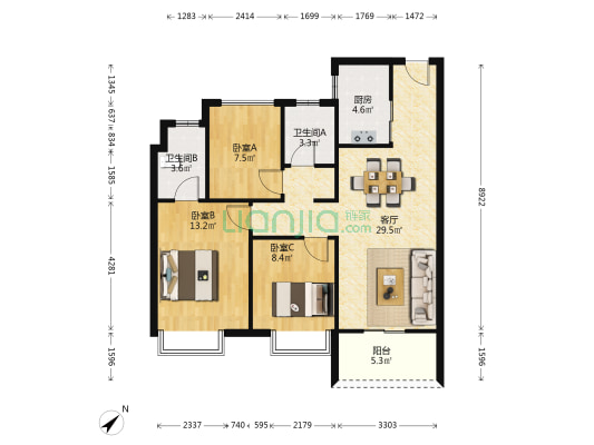 万科·中天·宏远魅力之城 3室1厅2卫 97平方