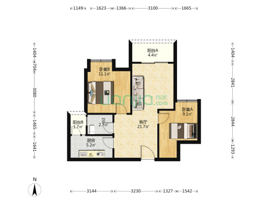环湖雅居B区D组团 2室1厅1卫 72平方