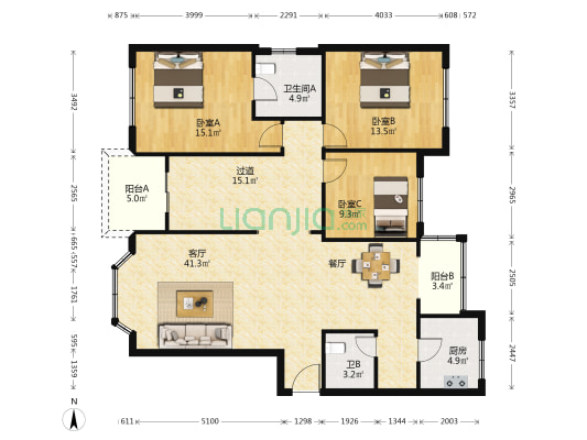 滨江公寓(天府新区) 3室1厅2卫 134平方