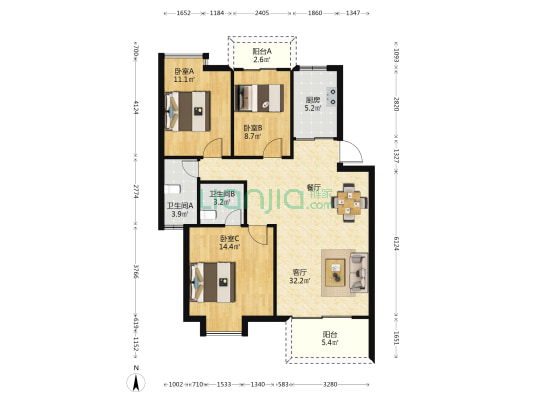 世纪金辉二期 3室1厅2卫 98平方