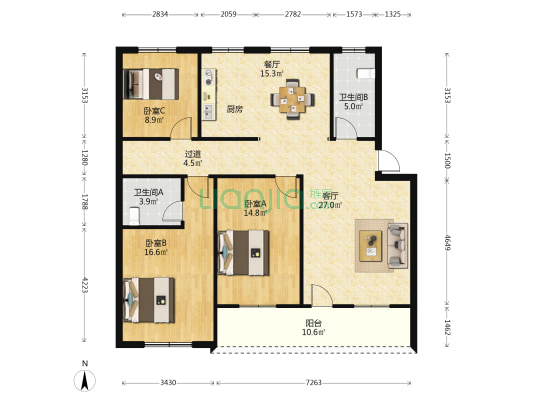 越新公寓 3室2厅2卫 120平方